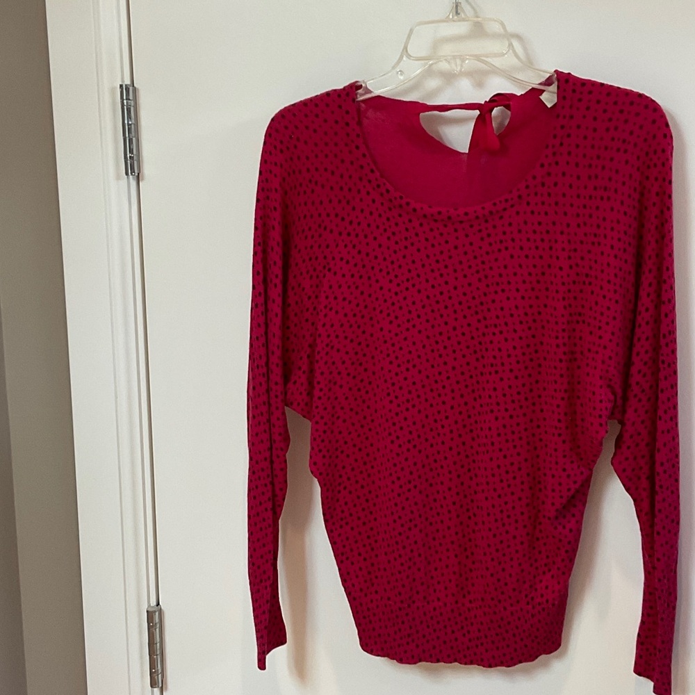 Ann Taylor Loft pink black polka dot sweater with back tie, small (3 for $15)